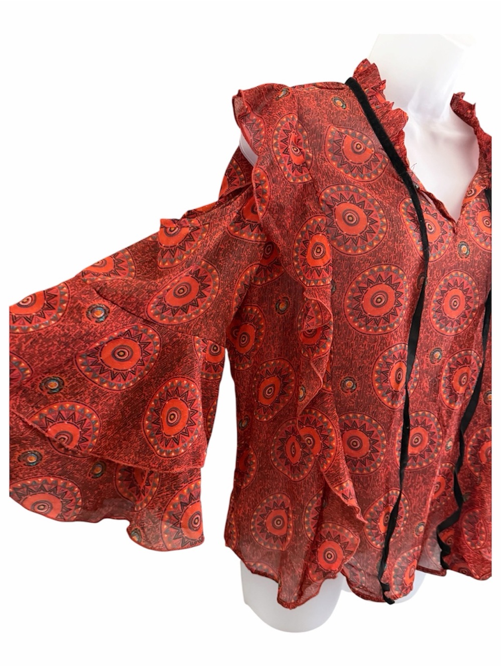 Boho Geometric Medallion Cold Shoulder Ruffle Blouse - Picture 4 of 8